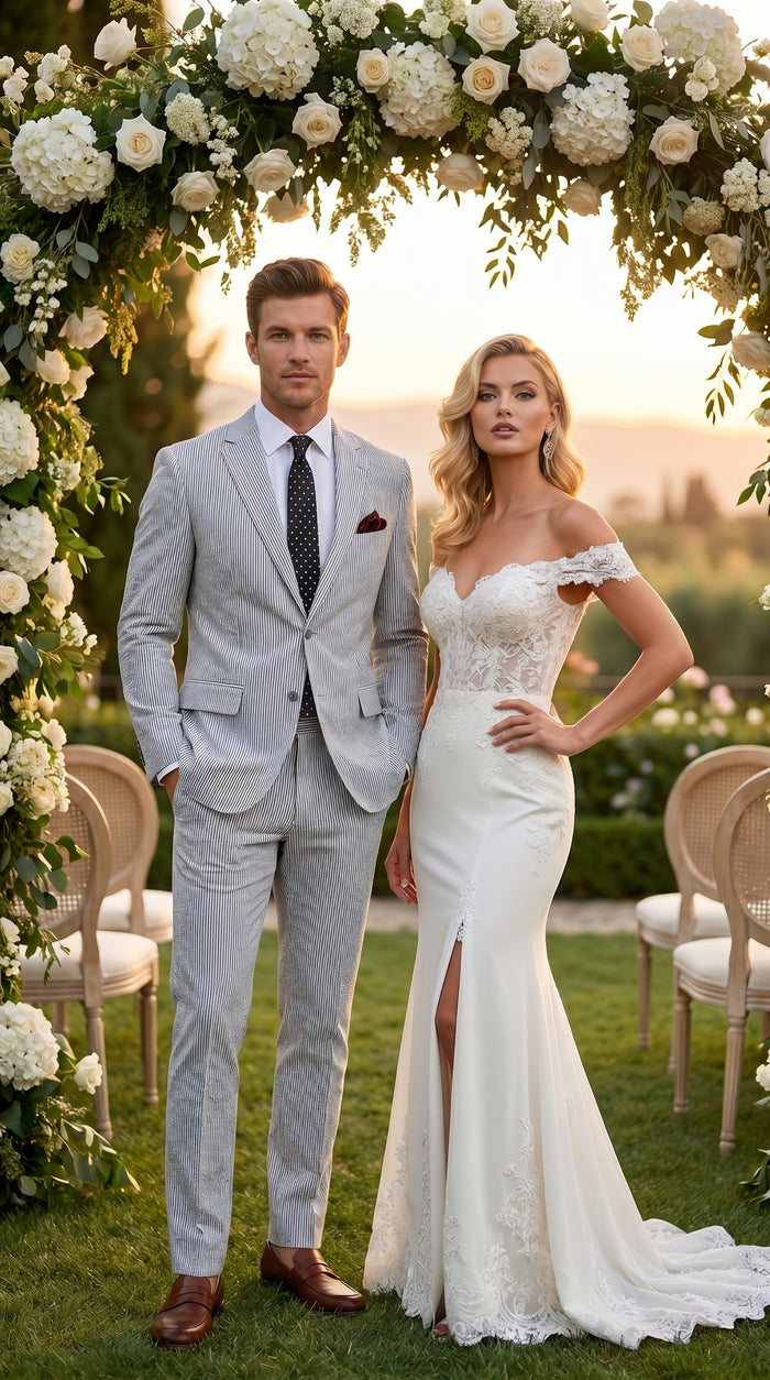 Men’s Black Pinstripe Summer Seersucker 2 Piece Suit with Jacket and Matching Pants