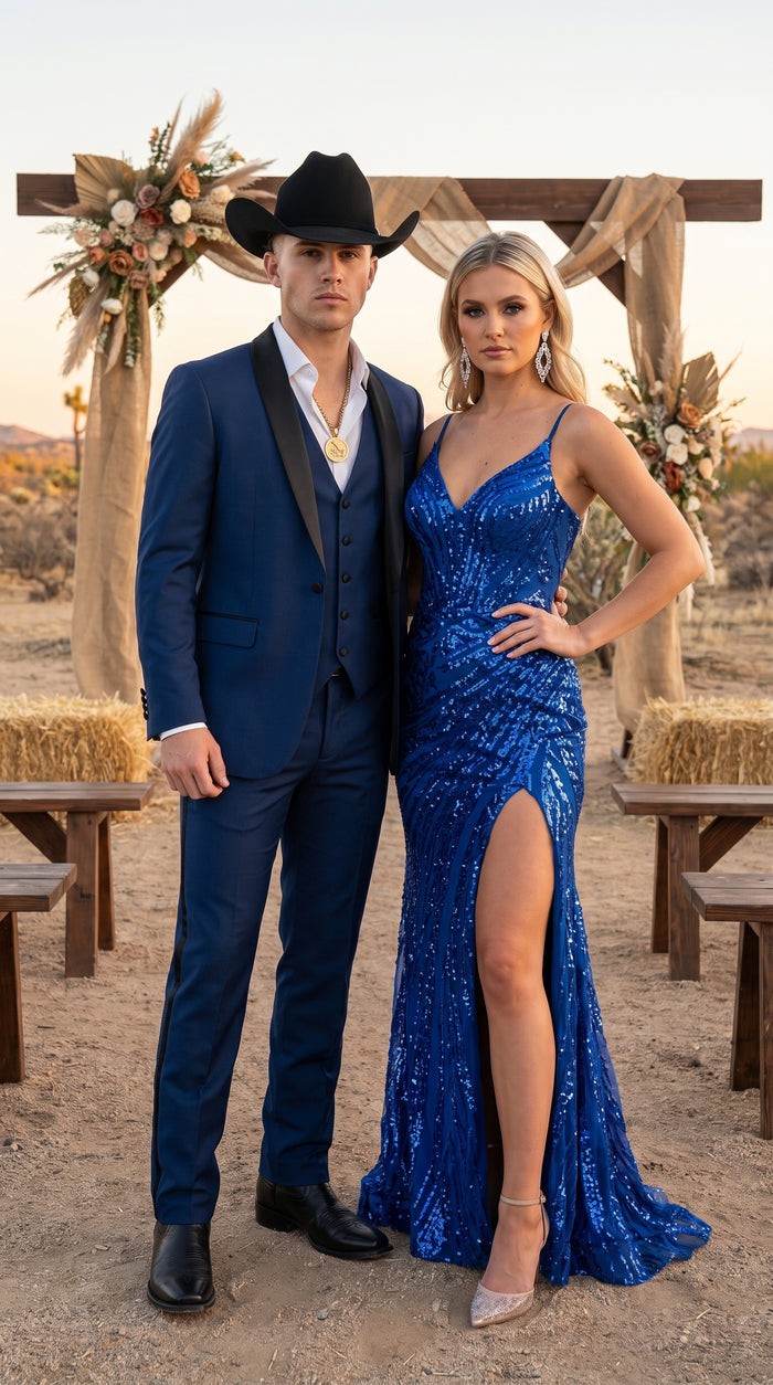 Men’s Sapphire Indigo Western Tuxedo Suit – Cobalt Blue Cowboy Formal Suit with Black Shawl Collar, Vest & Pants
