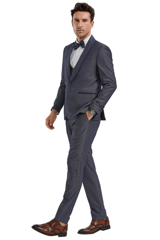 Mens Gray Tuxedo - Grey Wedding Suit-Mens One Button  Vested Shawl Lapel Tuxedo In Grey Birdseye With Blue Trim