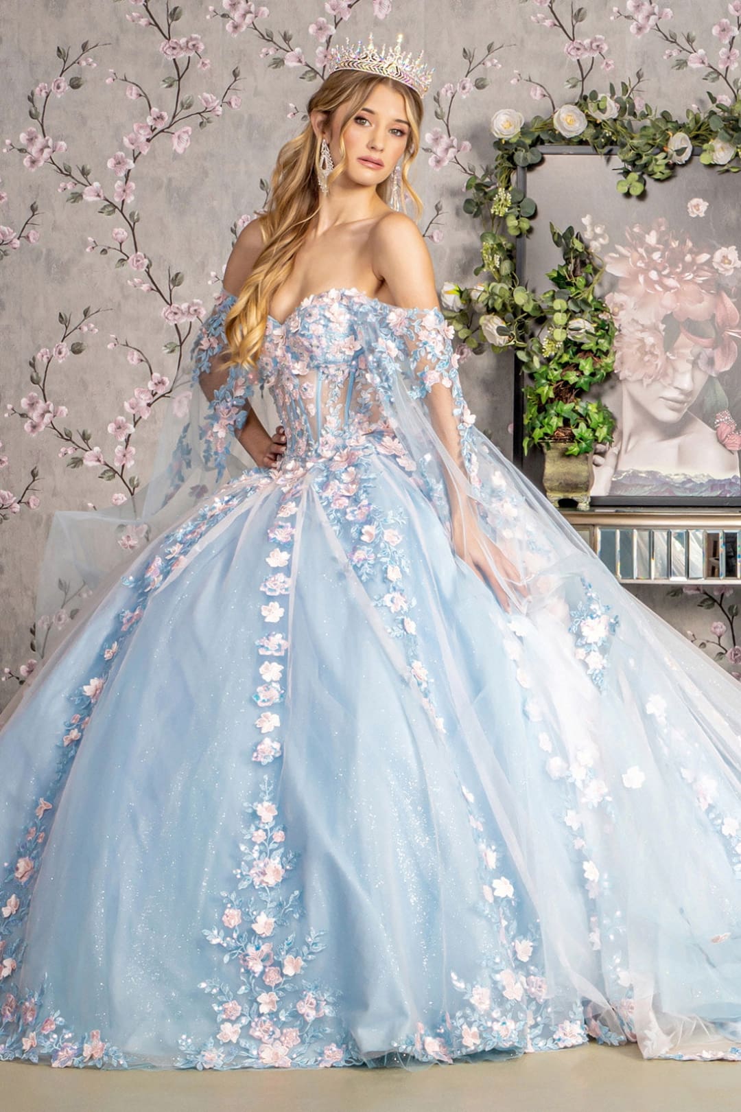 Off Shoulder Cape Sleeve Ball Gown by GLS Gloria GL3468 - XS / Baby Blue - Quinceanera Dresses