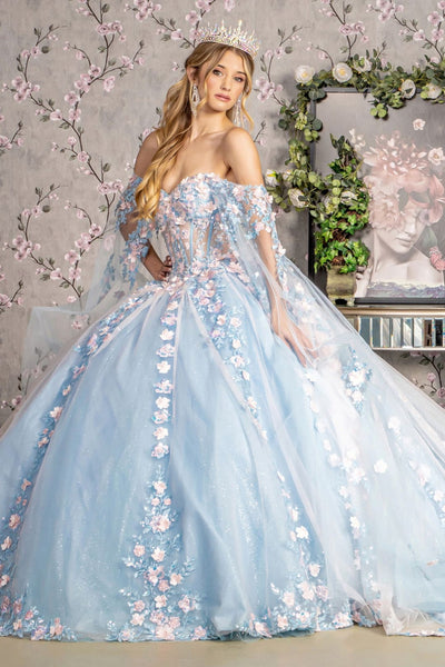 Off Shoulder Cape Sleeve Ball Gown by GLS Gloria GL3468 - XS / Baby Blue - Quinceanera Dresses