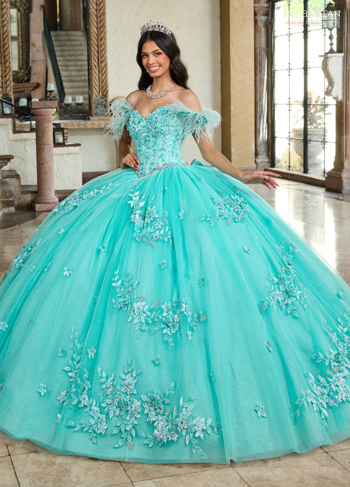 Rachel Allan RQ2186 Off Shoulder Feather Quinceanera Dress