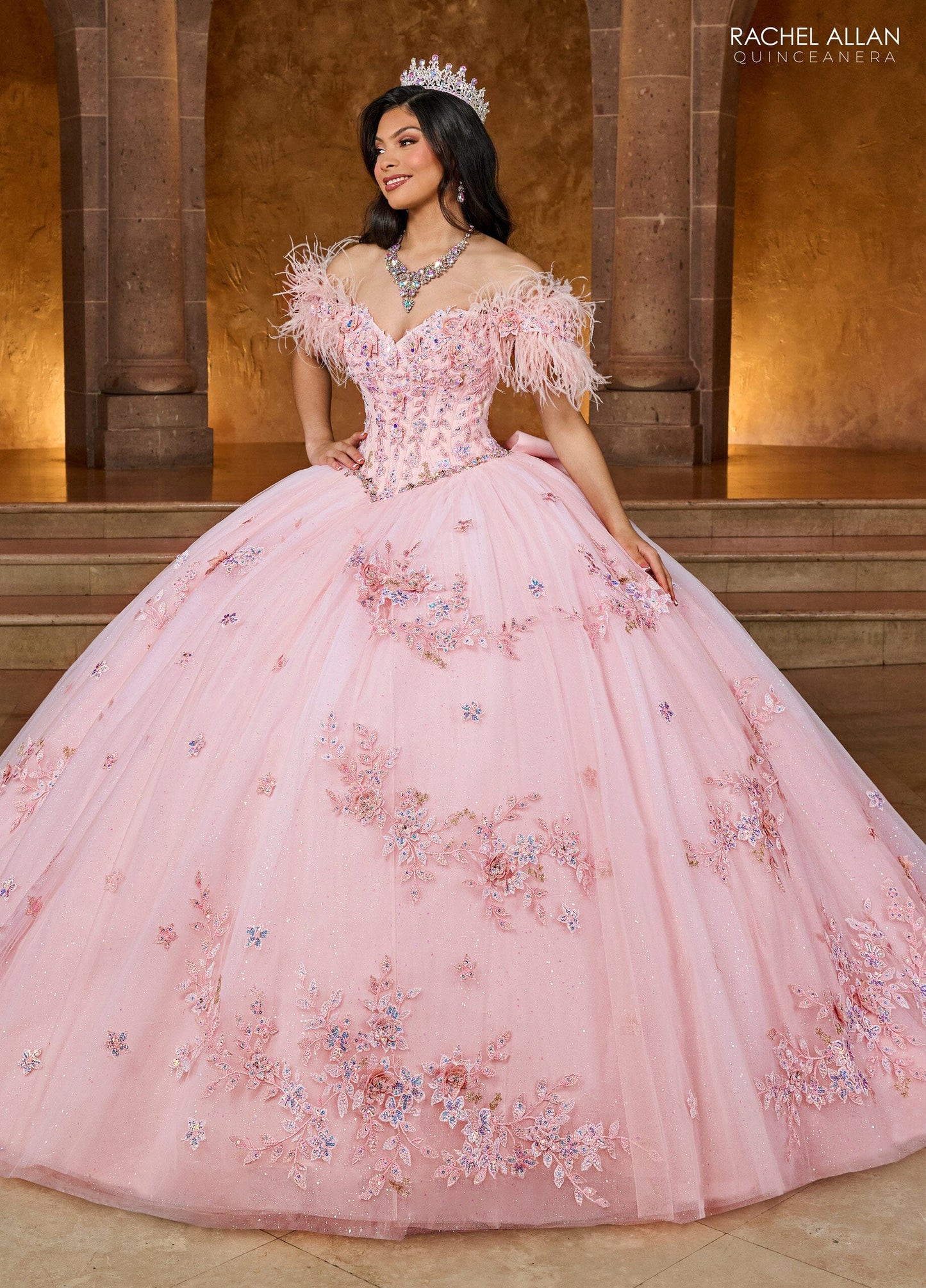 Rachel Allan RQ2186 Off Shoulder Feather Quinceanera Dress