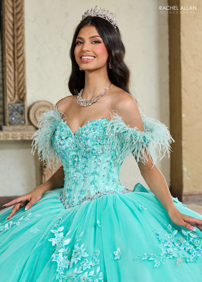 Rachel Allan RQ2186 Off Shoulder Feather Quinceanera Dress