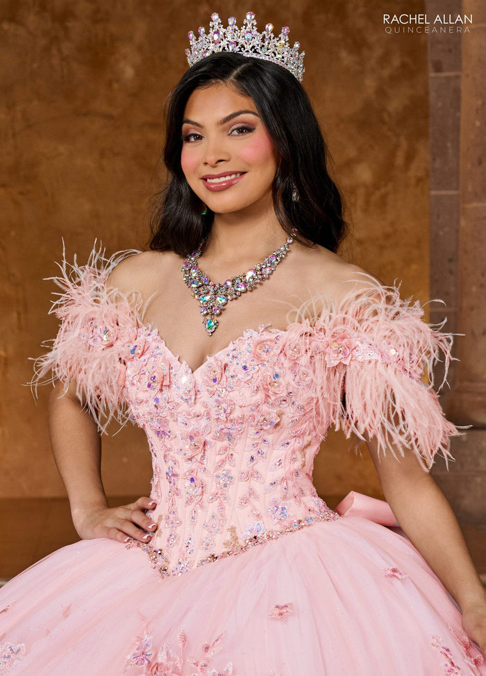 Rachel Allan RQ2186 Off Shoulder Feather Quinceanera Dress