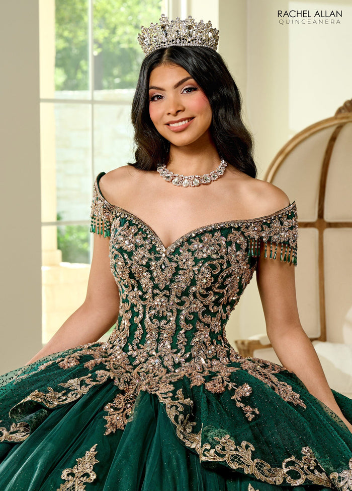 Rachel Allan RQ3129 Off Shoulder Fringe Quinceanera Dress