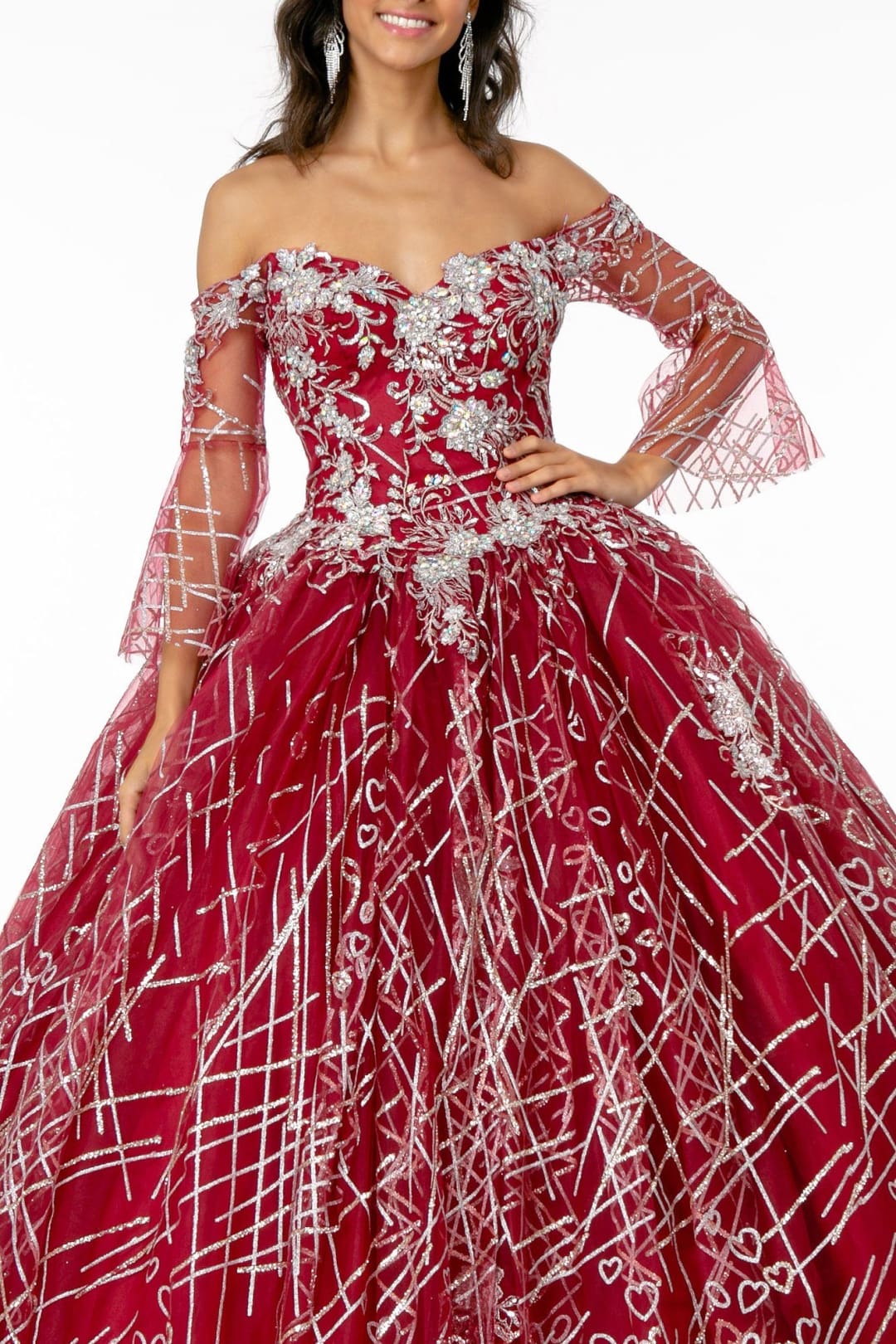 Off Shoulder Glitter Ball Gown with Bell Sleeves by Elizabeth K GL2911 - Quinceanera Dresses