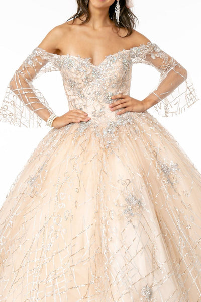 Off Shoulder Glitter Ball Gown with Bell Sleeves by Elizabeth K GL2911 - Quinceanera Dresses