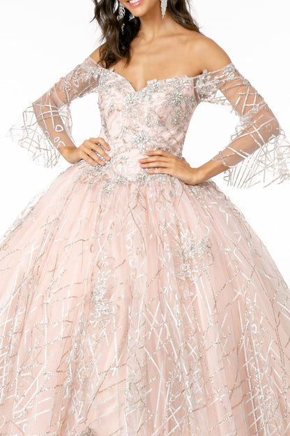 Off Shoulder Glitter Ball Gown with Bell Sleeves by Elizabeth K GL2911 - Quinceanera Dresses