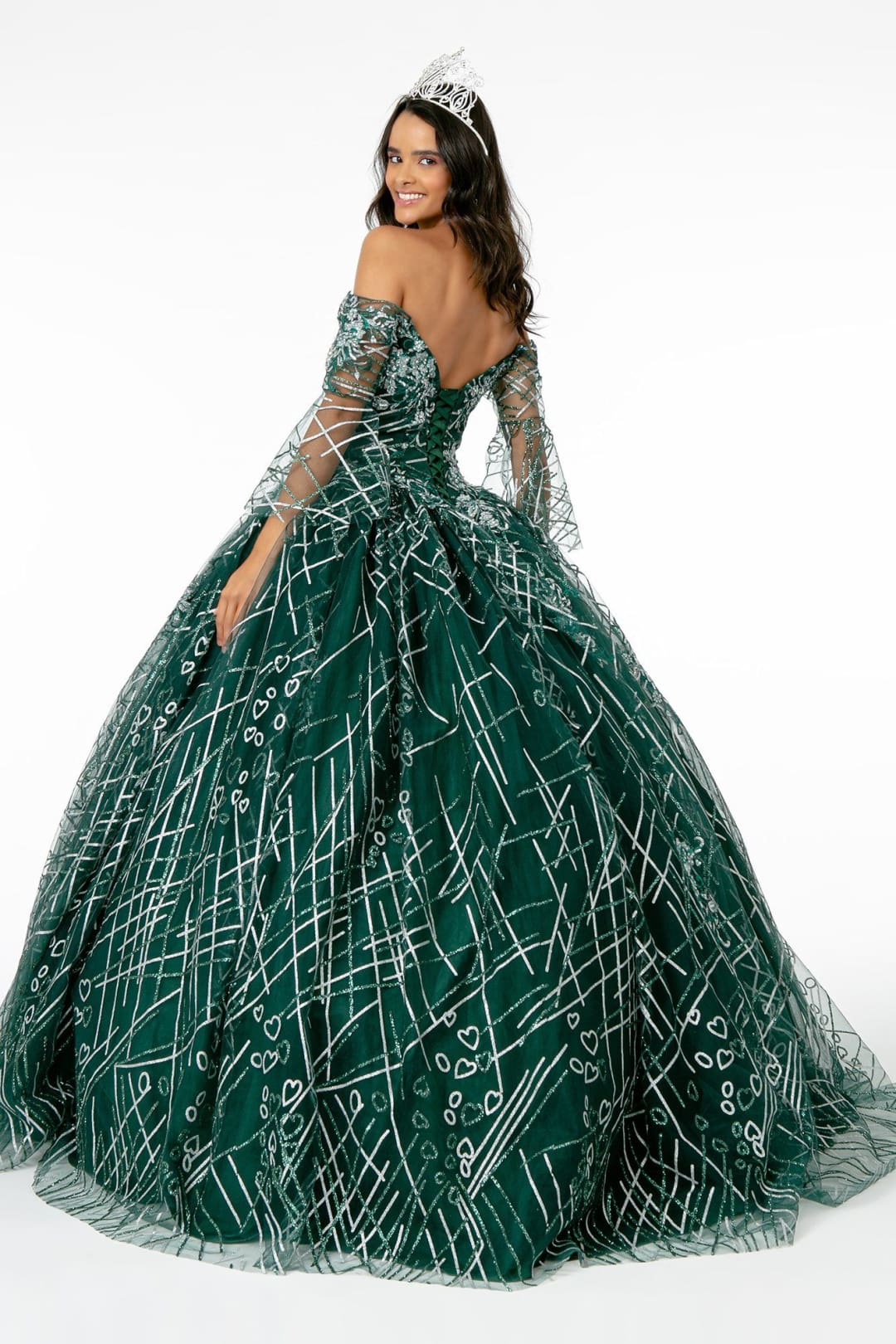 Off Shoulder Glitter Ball Gown with Bell Sleeves by Elizabeth K GL2911 - Quinceanera Dresses
