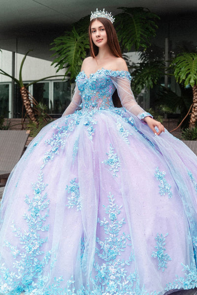 Off Shoulder Long Sleeve Ball Gown by GLS Gloria GL3503 - XS / Lilac/Blue - Quinceanera Dresses