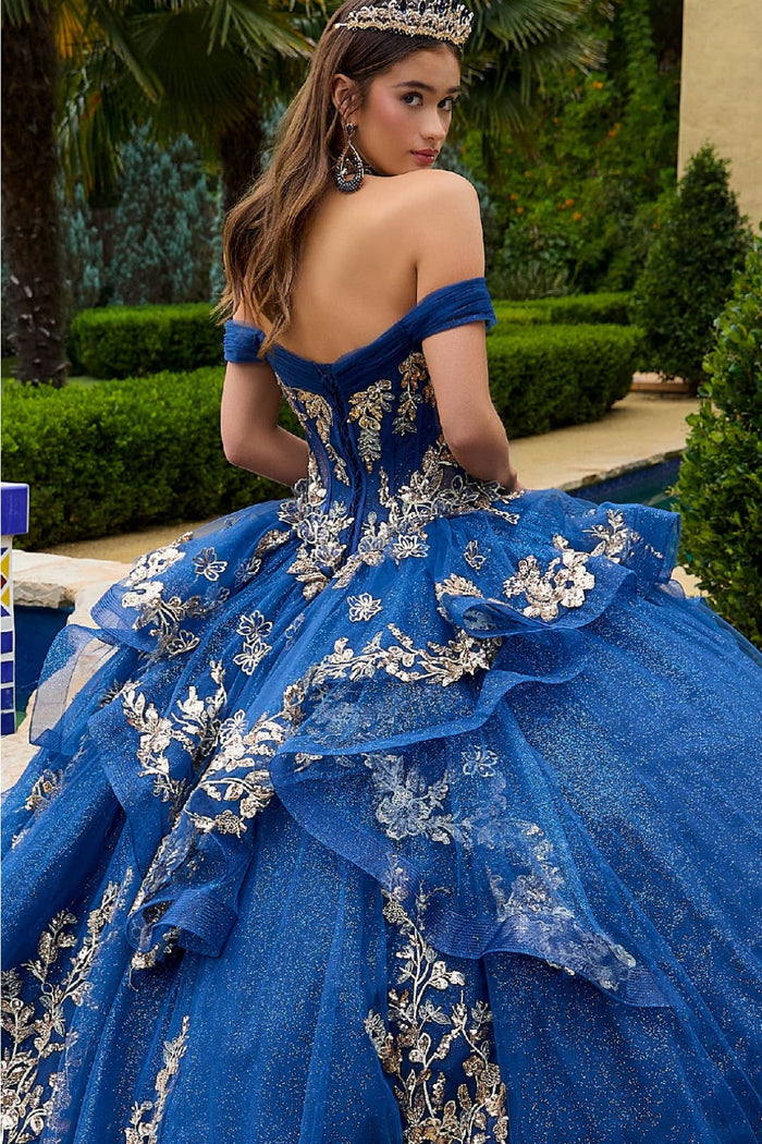 Navy and Gold Quince Dress Off Shoulder Ruffled Ball Gown by GLS Gloria GL3552