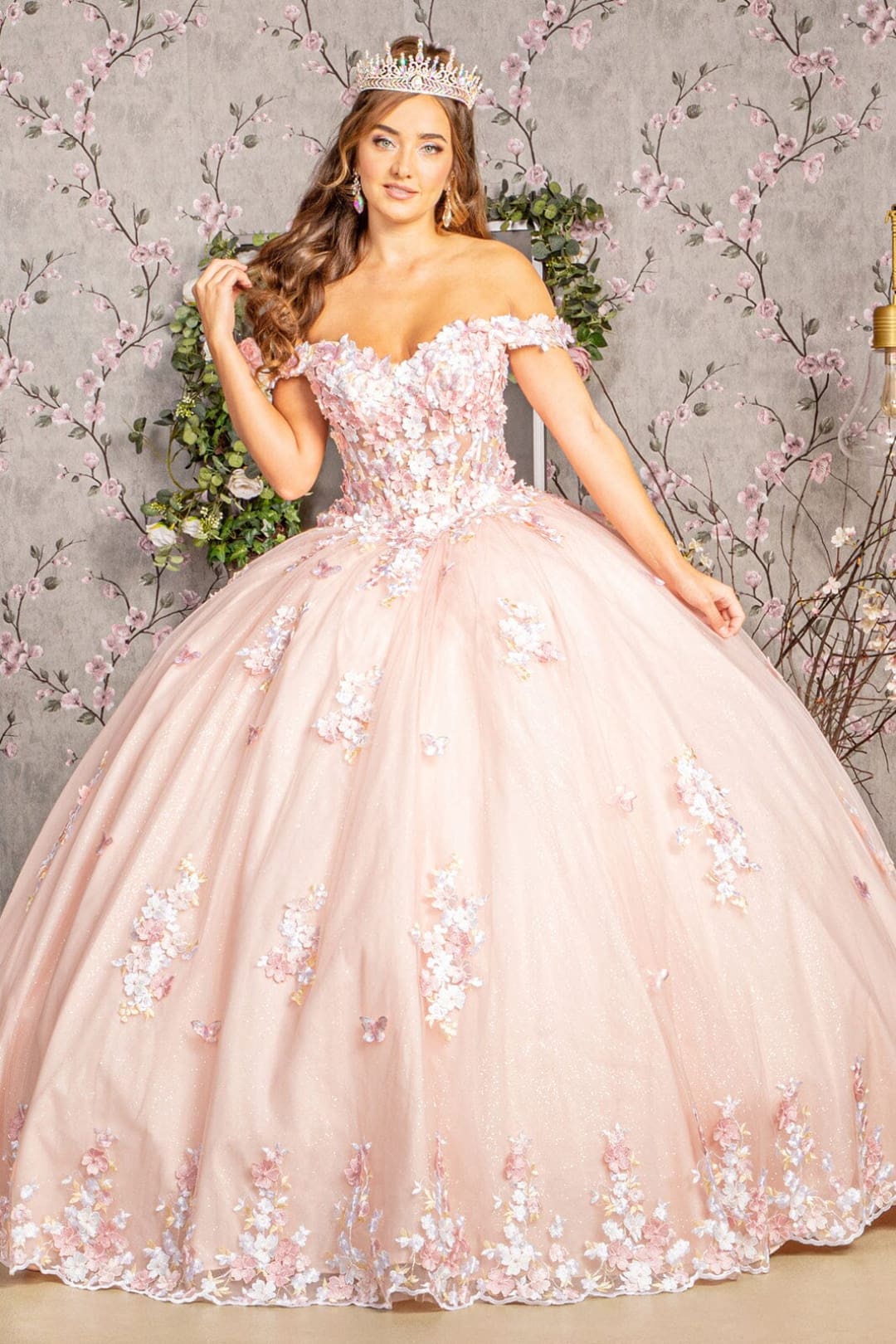 Off Shoulder Sheer Corset Ball Gown by Elizabeth K GL3182 - XS / Blush - Quinceanera Dresses