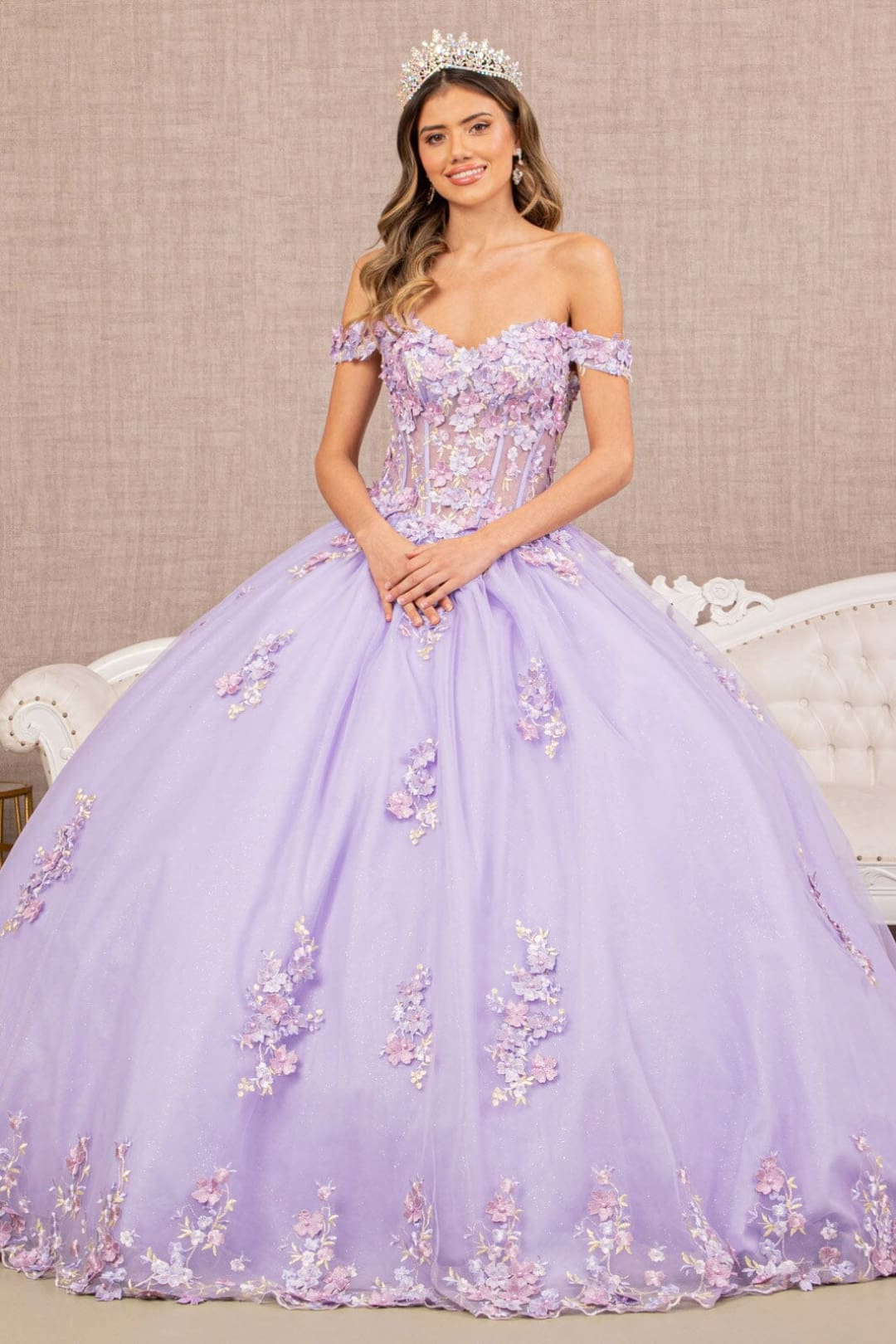 Off Shoulder Sheer Corset Ball Gown by Elizabeth K GL3182 - XS / Lilac - Quinceanera Dresses