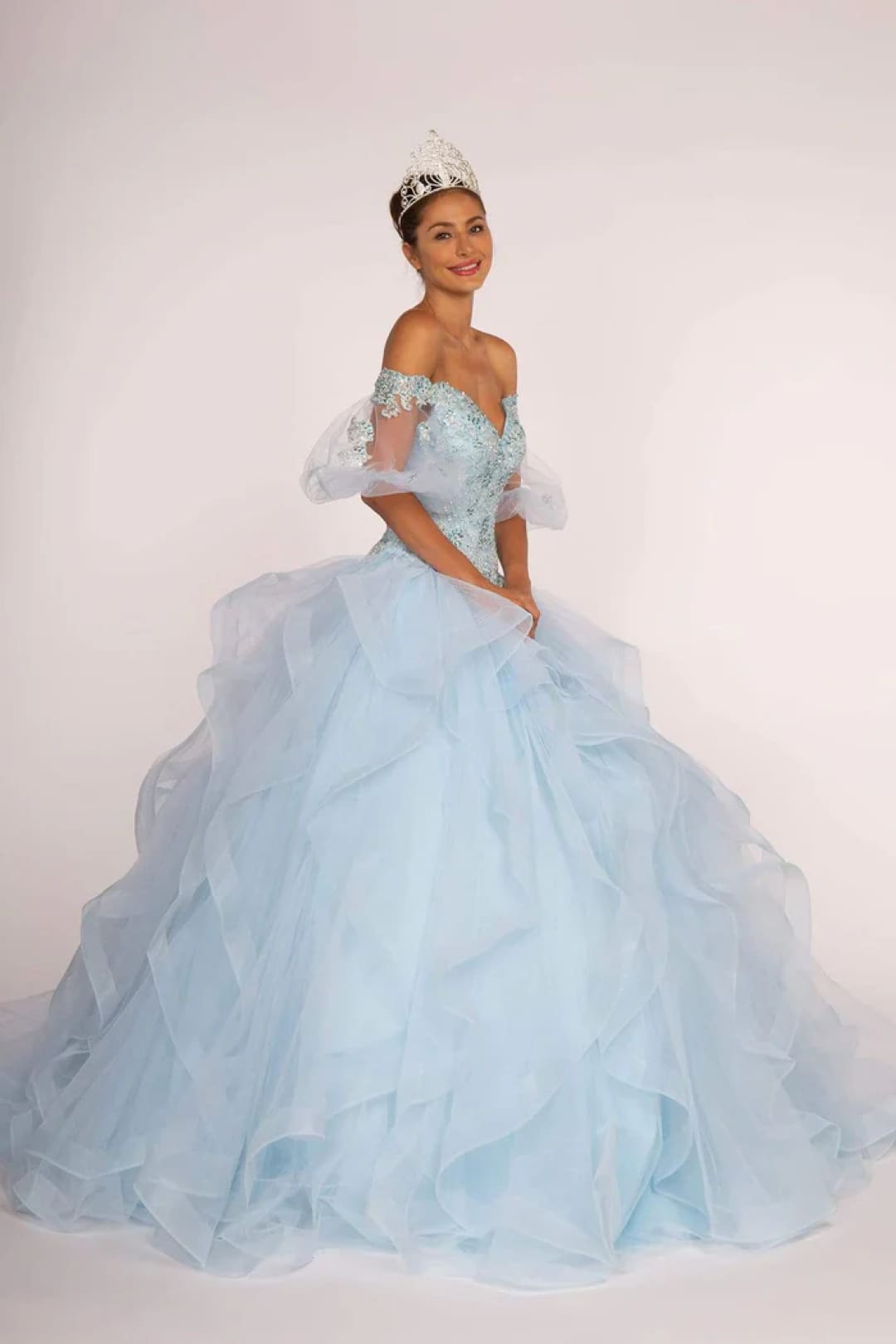 Off the Shoulder Ball Gown with Sheer Sleeves by Elizabeth K GL2601 - Quinceanera Dresses
