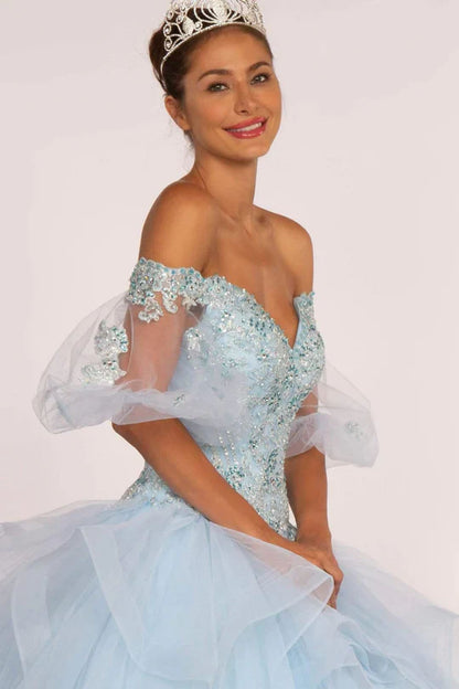 Off the Shoulder Ball Gown with Sheer Sleeves by Elizabeth K GL2601 - L / Baby Blue - Quinceanera Dresses