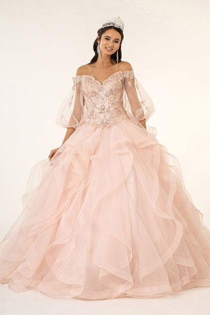 Off the Shoulder Ball Gown with Sheer Sleeves by Elizabeth K GL2601 - L / Blush - Quinceanera Dresses
