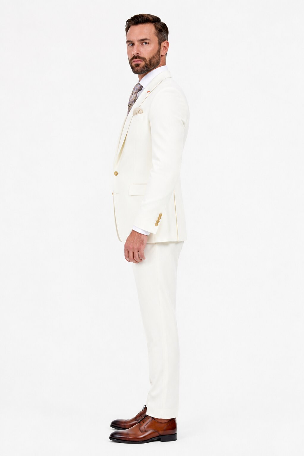Men's Off White Statement Ticket Pocket Peak Lapel Wool Double Breasted Vest Suit with Gold Buttons – Modern Fit