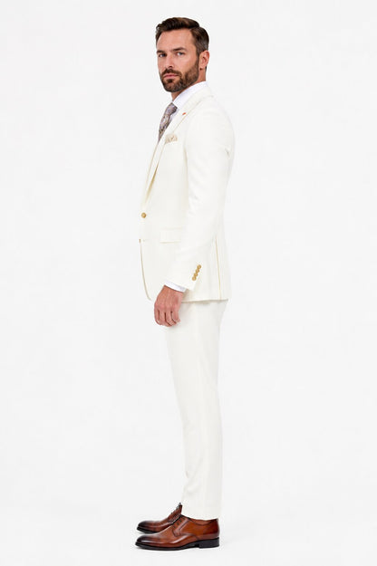 Men's Off White Statement Ticket Pocket Peak Lapel Wool Double Breasted Vest Suit with Gold Buttons – Modern Fit