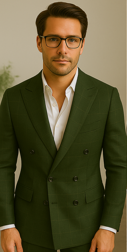 Wool Suit - Italian Made Business Suit by Statement Men's 100% Wool 2 Piece Suit - Double Breasted Windowpane
