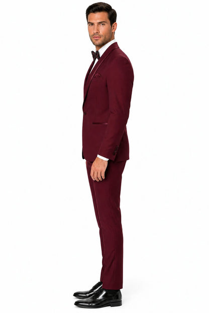 Mens One Button Satin Trim Shawl Tuxedo in Burgundy