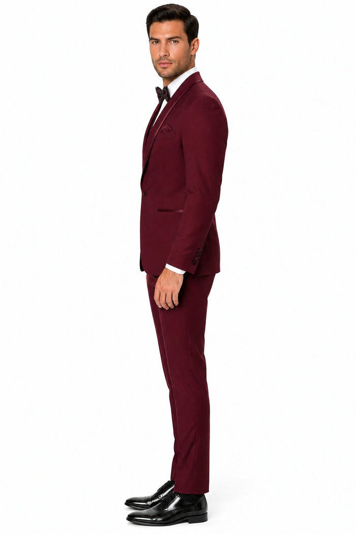 Mens One Button Satin Trim Shawl Tuxedo in Burgundy
