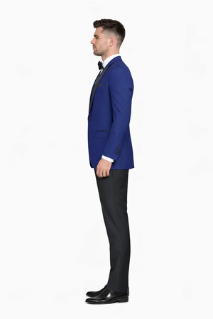 Mens One Button Satin Trim Shawl Tuxedo in Sapphire Blue & Black