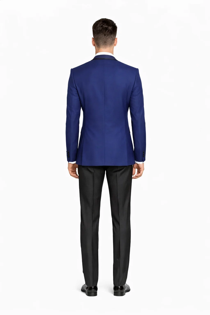 Mens One Button Satin Trim Shawl Tuxedo in Sapphire Blue & Black