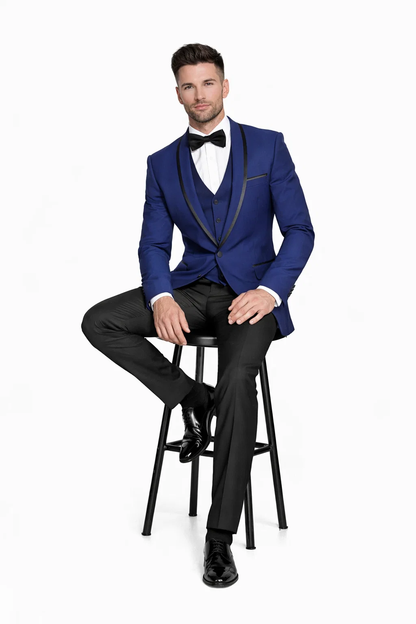 Mens One Button Satin Trim Shawl Tuxedo in Sapphire Blue & Black