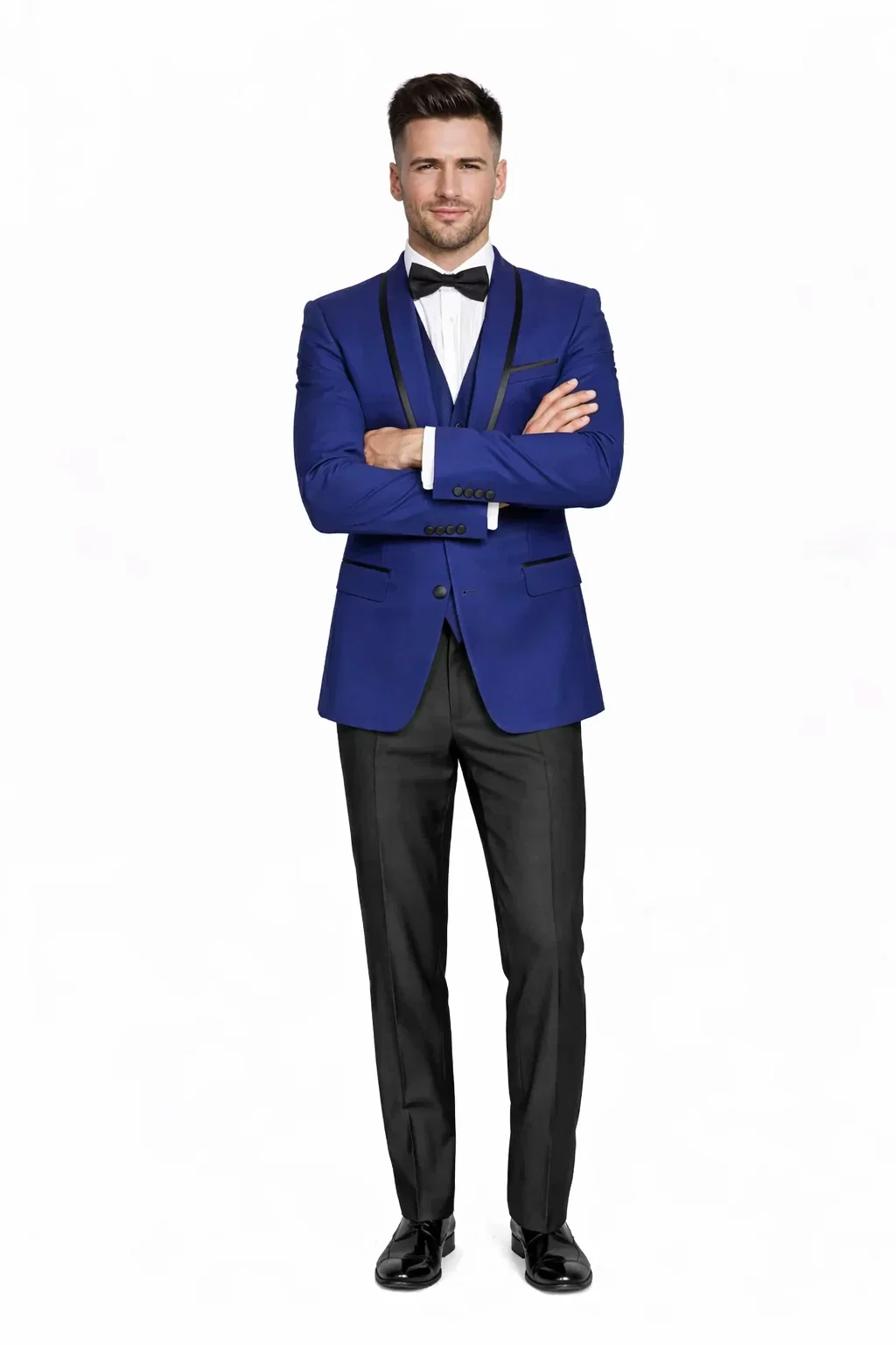 Mens One Button Satin Trim Shawl Tuxedo in Sapphire Blue & Black