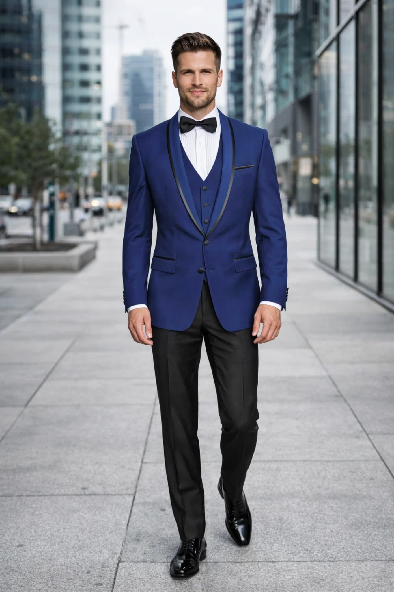 Mens One Button Satin Trim Shawl Tuxedo in Sapphire Blue & Black