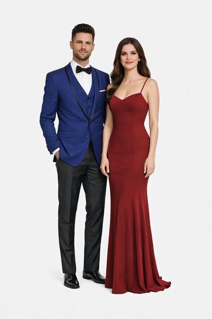 Mens One Button Satin Trim Shawl Tuxedo in Sapphire Blue & Black