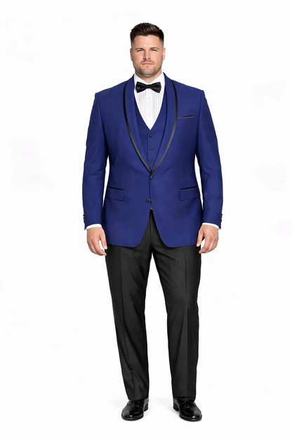Mens One Button Satin Trim Shawl Tuxedo in Sapphire Blue & Black