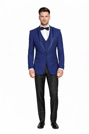 Mens One Button Satin Trim Shawl Tuxedo in Sapphire Blue & Black
