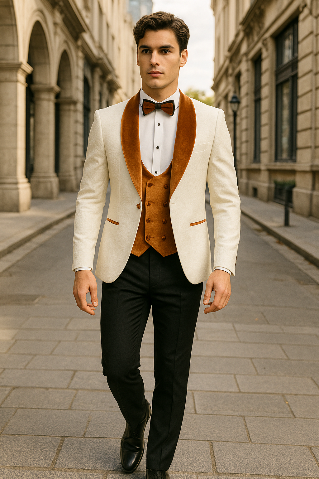 Mens Groom Wedding Shawl Collar - Paisley Burnt Orange Velvet 4pc Suit W/ Matching Bowtie