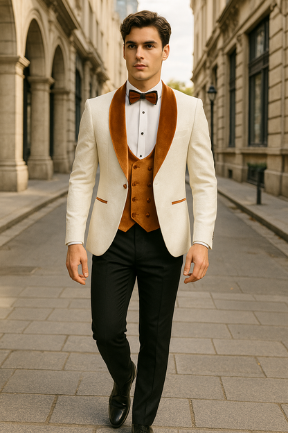 Mens Groom Wedding Shawl Collar - Paisley Burnt Orange Velvet 4pc Suit W/ Matching Bowtie