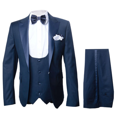 Mens Navy Blue Tuxedo with Satin Peak Lapel with navy sateen   3 Piece Formal Suit with Vest and Bow Tie