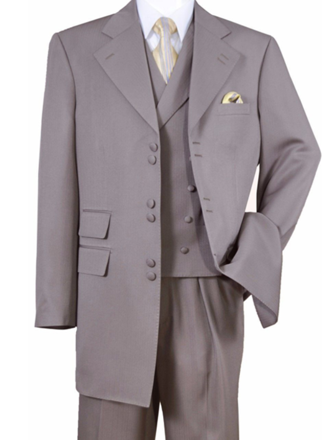 Men’s Light Kahki Sand 3-Piece Suit – Six-Button Jacket with Double-Breasted Vest and Pleated Pants Tan Color
