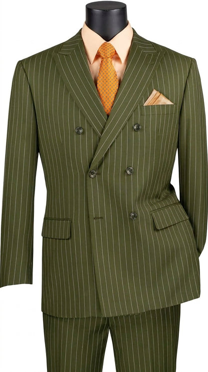 Men’s Olive Green Pinstripe Double-Breasted Suit – Classic Wedding, Business and Formal Suit