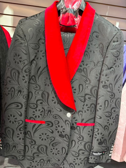 Men’s Black Paisley Tuxedo with Red Velvet Shawl Lapel – 3 Piece Wedding Prom Suit