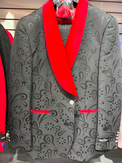 Men’s Black Paisley Tuxedo with Red Velvet Shawl Lapel – 3 Piece Wedding Prom Suit