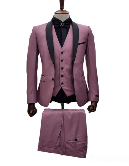 Men's Mauve Pink Tuxedo Suit  3-Piece Slim Fit with Black Satin Shawl Lapel