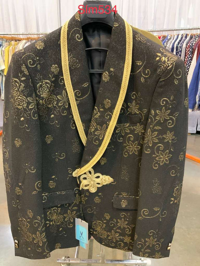 Mens Black and Gold Embroidered Luxury Blazer  Designer Floral Pattern Wedding & Party Jacket (Sim534)