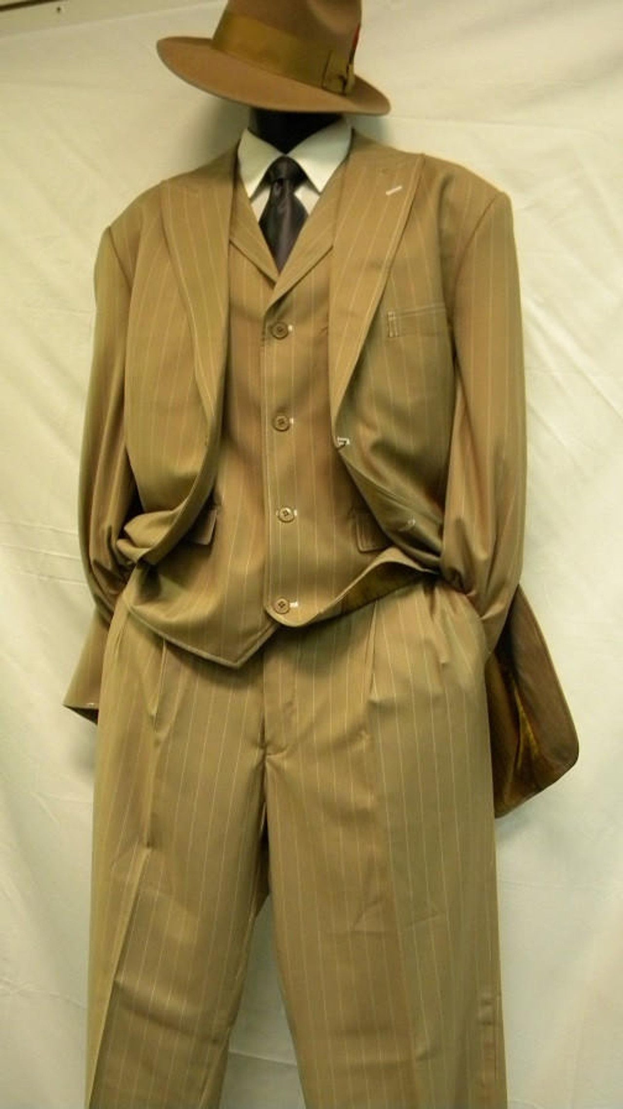 Mens Tan Pinstripe Zoot Suit  1920s Gangster Vintage 3-Piece Suit with Wide-Leg Pants