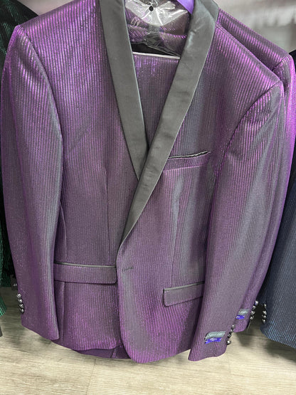 Mens Purple Shimmer Mardi Gras Suit with Black Satin Lapel – Shiny Metallic Formal Party and Carnival Suit Sequin Look
