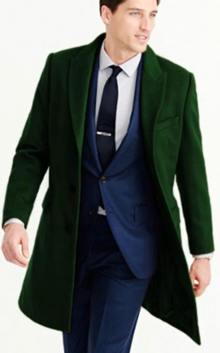 Mens Dark Green Wool Overcoat  Classic Long Coat for Formal and Casual Style