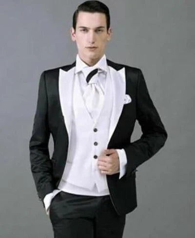 Mens Black and White Lapel Prom Tuxedo Suit  Black Vest  Black Pants Peak Lapel