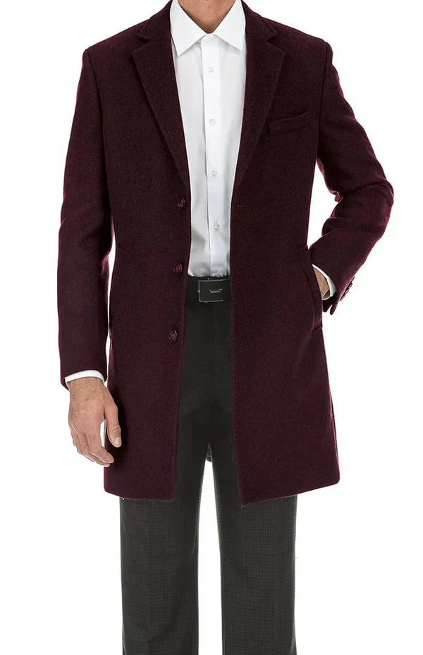 Mens Burgundy Mid-Length Overcoat  Classic Fit Wool Blend Dress Coat Three Quarter Carcoat Topcoat