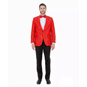 Big and Tall Mens Red Paisley Tuxedo Jacket  Satin Shawl Lapel Blazer with Bow Tie - Christmas Jacket