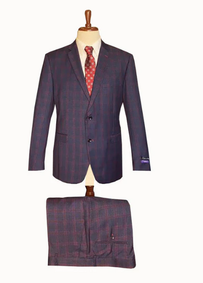 Mens Navy Blue and Burgundy Checkered Two-Piece Suit Plaid Windowpane  Flat Front Pants or Pleated Wide Leg Pants - 100% Wool